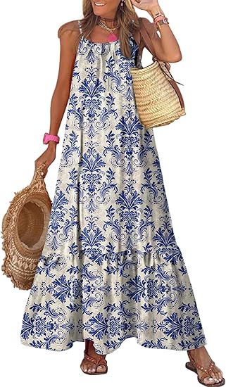 Women Summer Dresses 2025 Spaghetti Strap Scoop Neck Smocked Ruffle Flowy Boho Maxi Dress