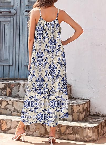 Women Summer Dresses 2025 Spaghetti Strap Scoop Neck Smocked Ruffle Flowy Boho Maxi Dress